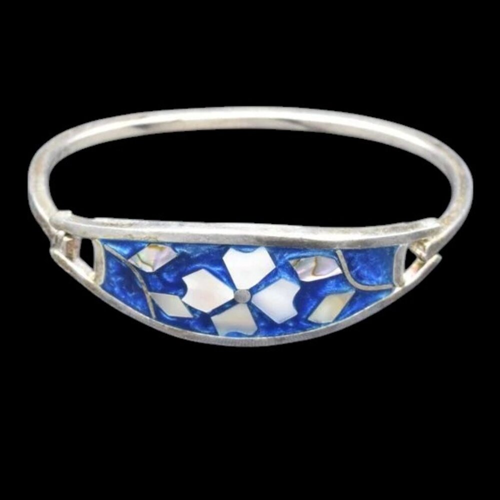 Vintage Alpaca Mexico Flower Silver Tone Enamel MOP Bracelet